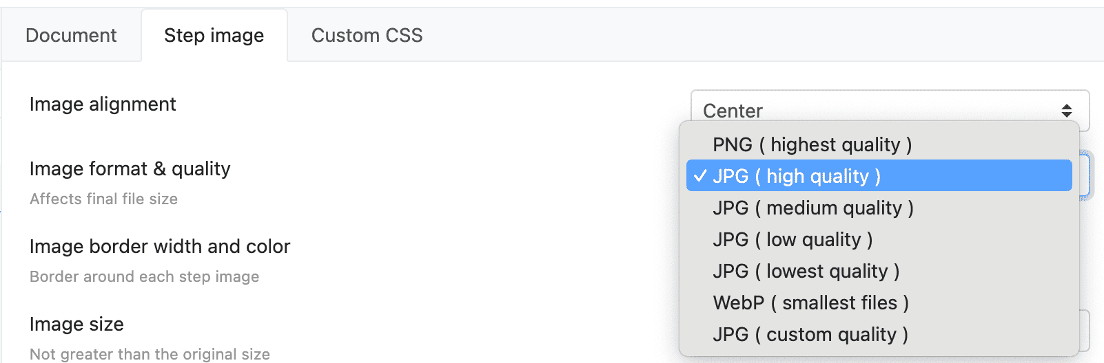 The Image format & quality setting