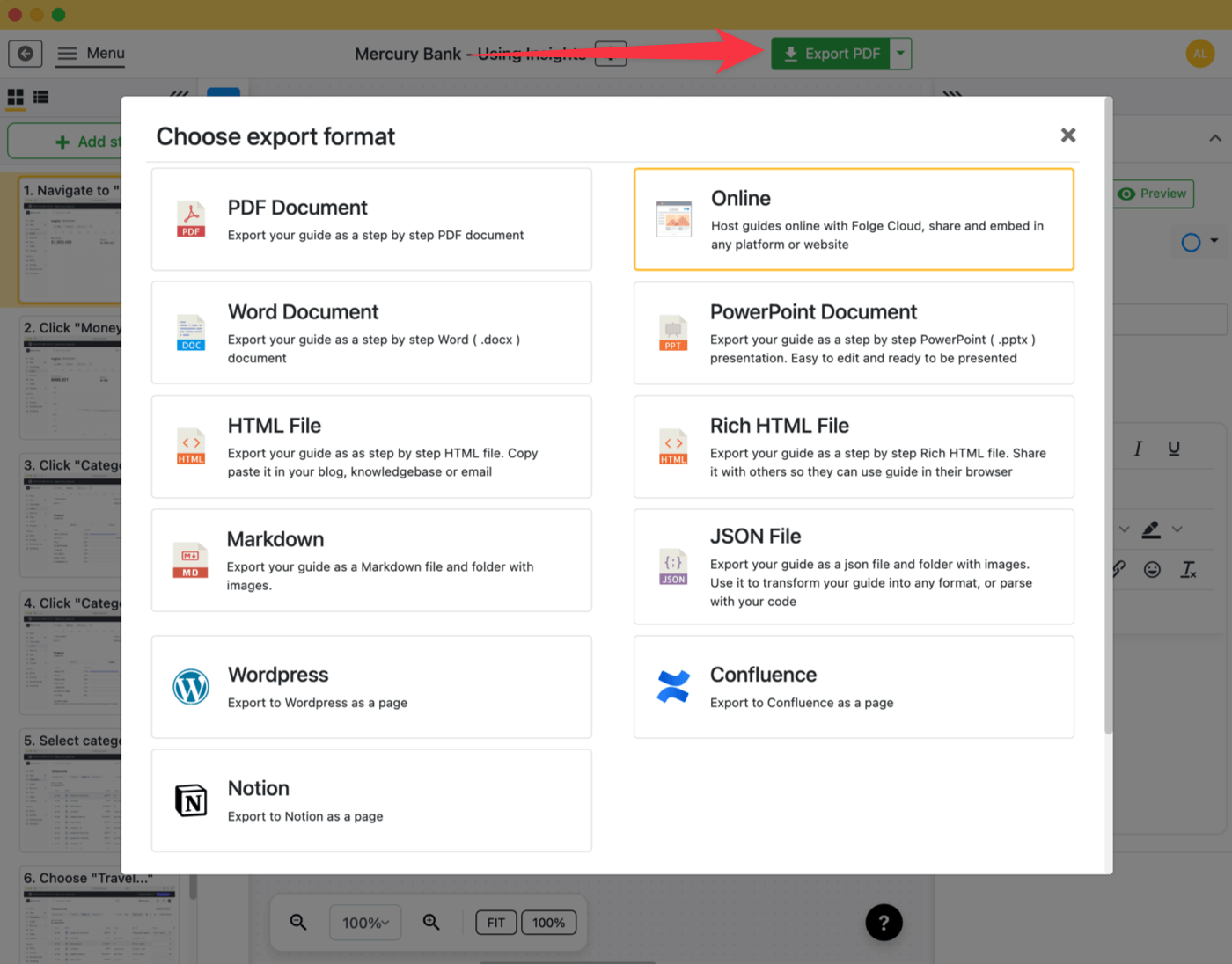 Export format selection