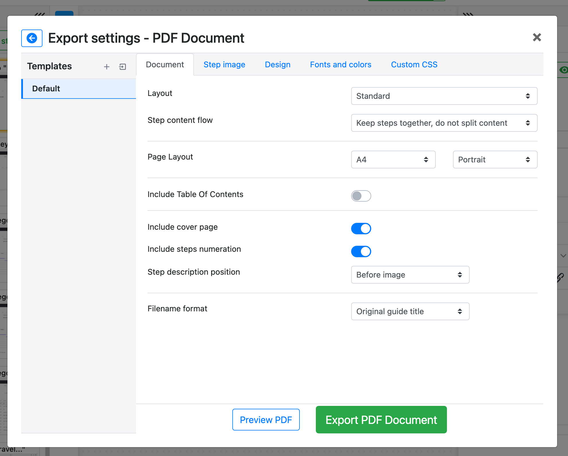 Export settings