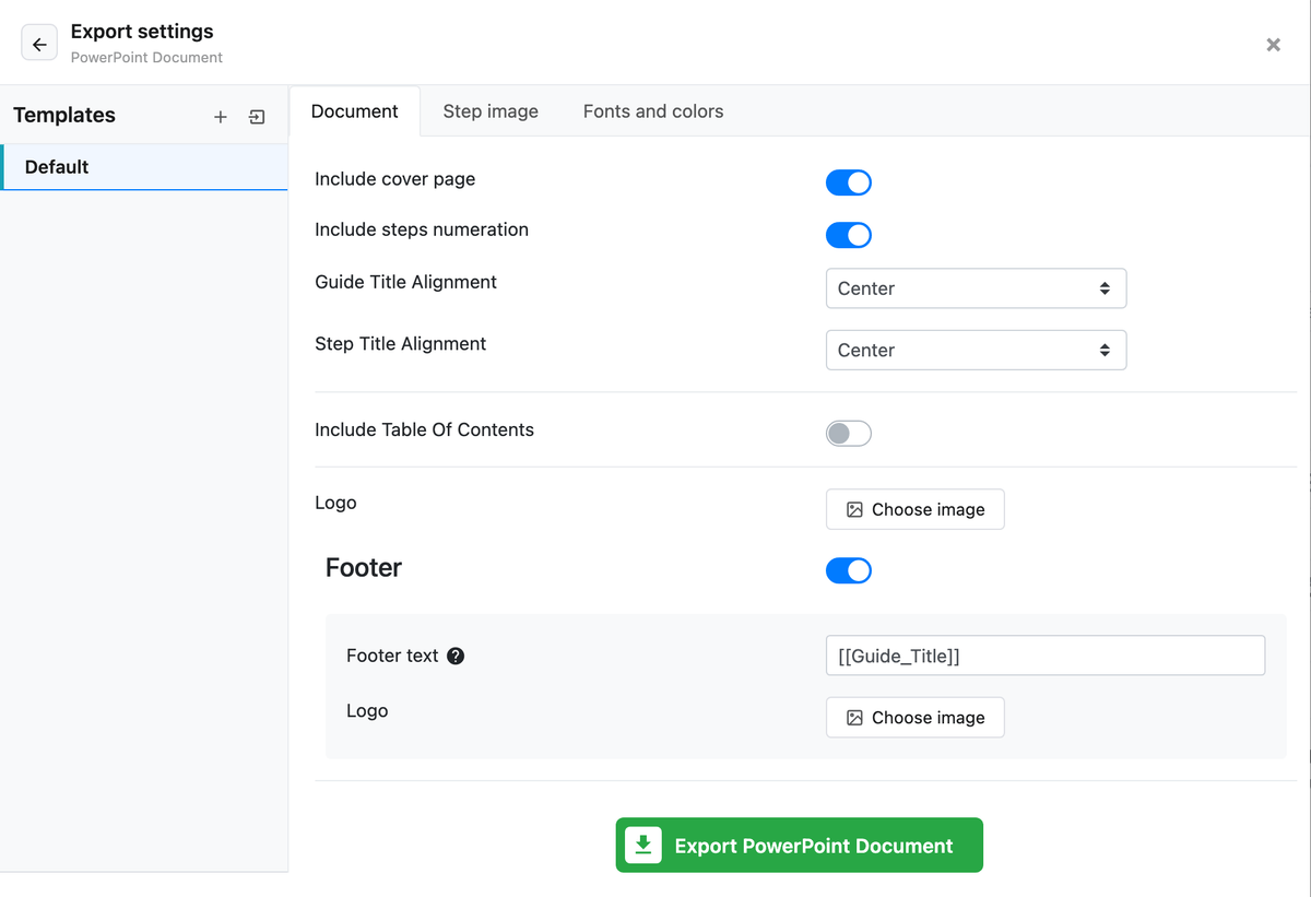 PowerPoint export settings, Document tab