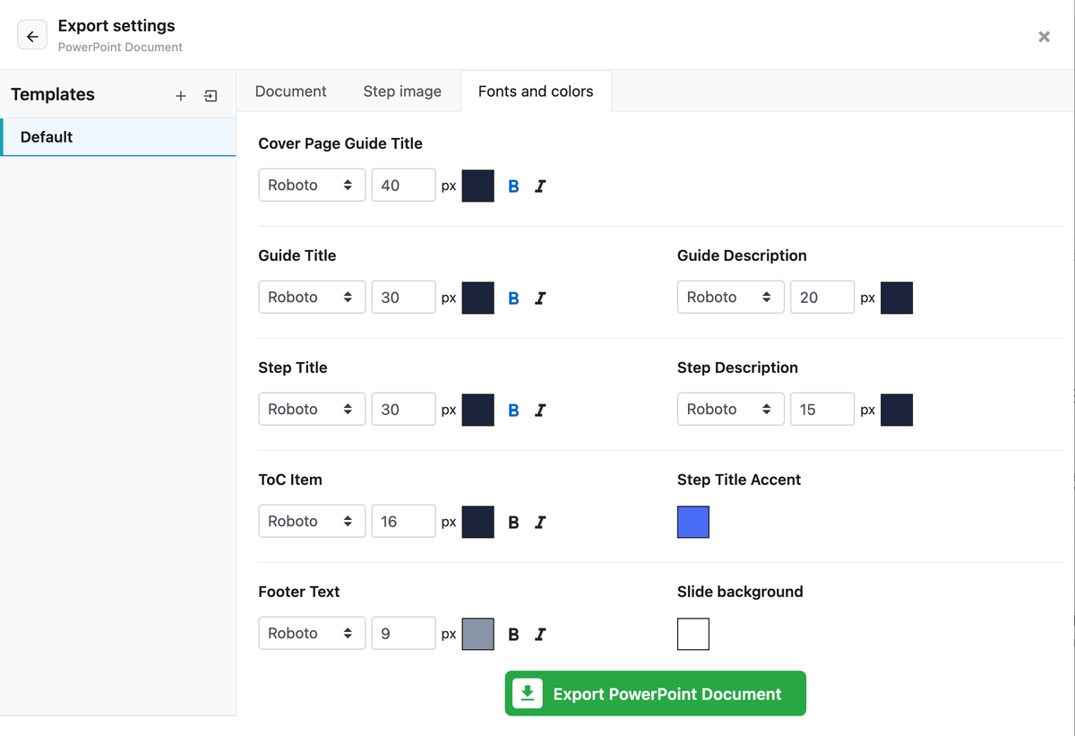 PowerPoint export settings, Fonts and colors tab with Slide background