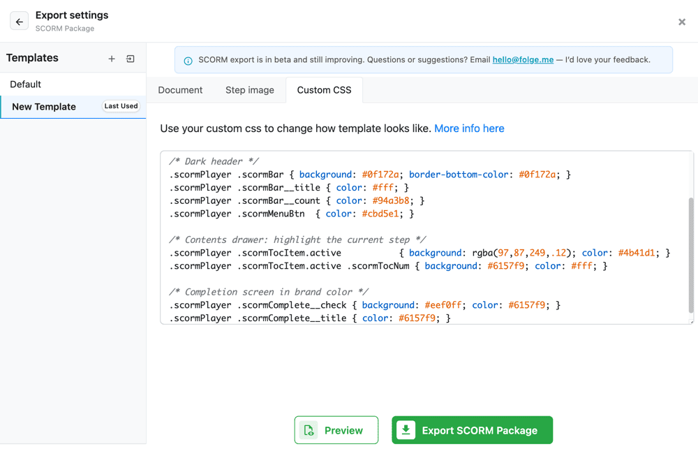 The SCORM Custom CSS editor