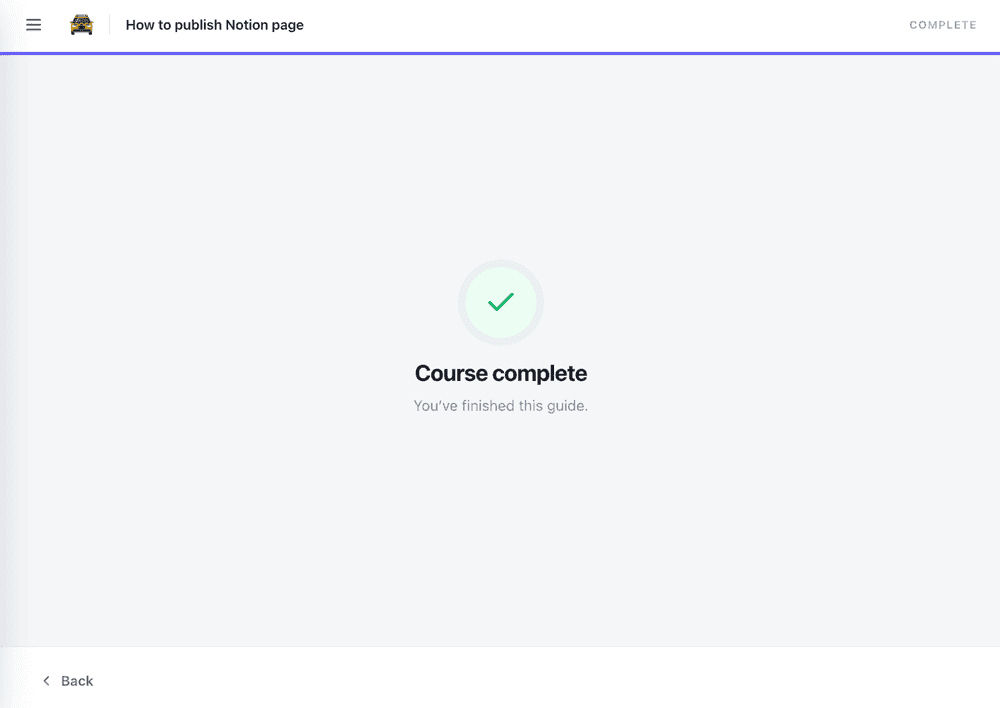 The "Course complete" screen at the end of the guide