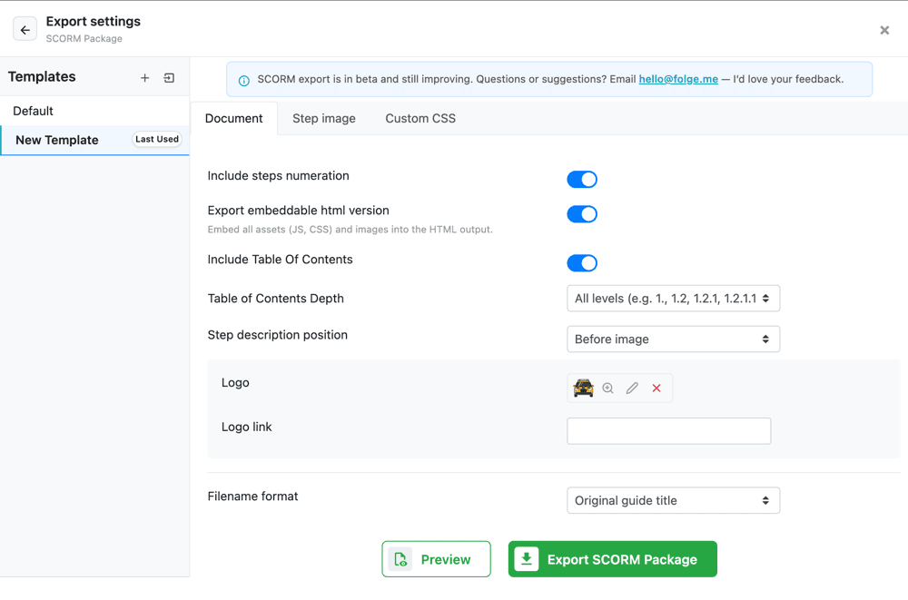 SCORM export settings