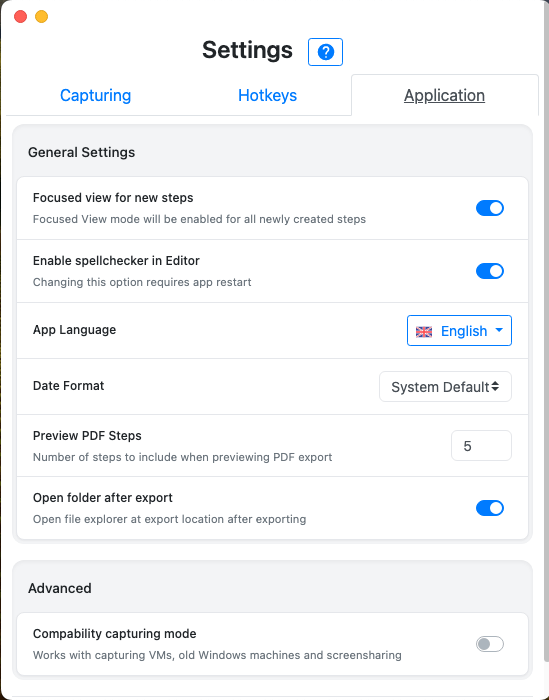 Settings page