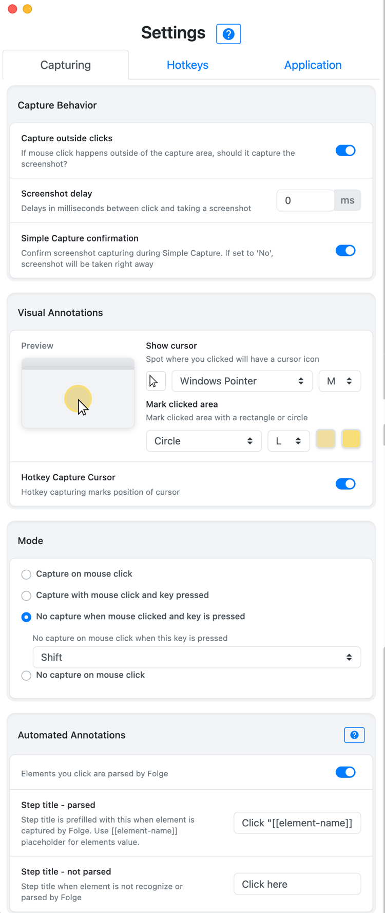 Settings page