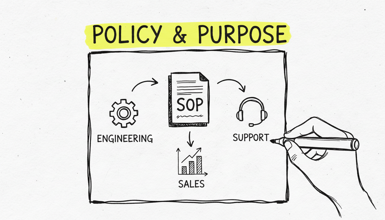 A whiteboard sketch titled POLICY AND PURPOSE showing a central SOP document with arrows pointing to different departments