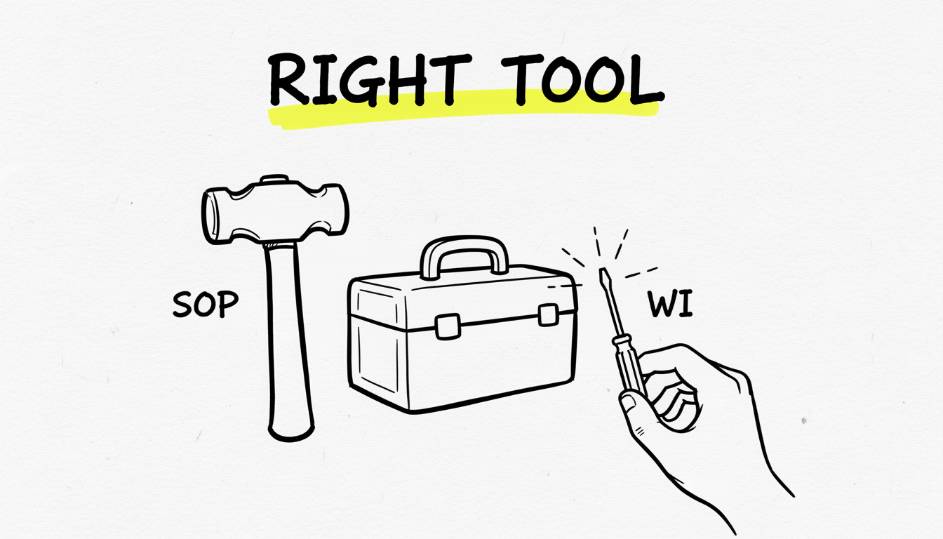 A whiteboard sketch titled RIGHT TOOL showing a toolbox with a hammer labeled SOP and a screwdriver labeled WI