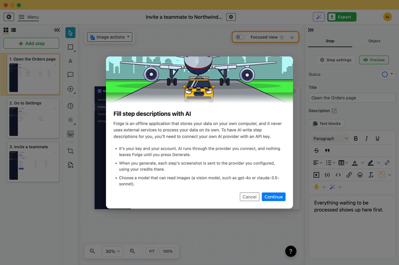 The Folge editor generating a step description with AI