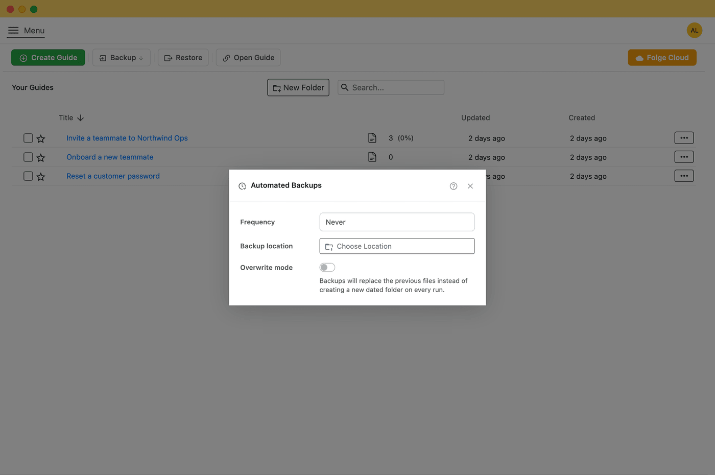 Folge automated backups settings