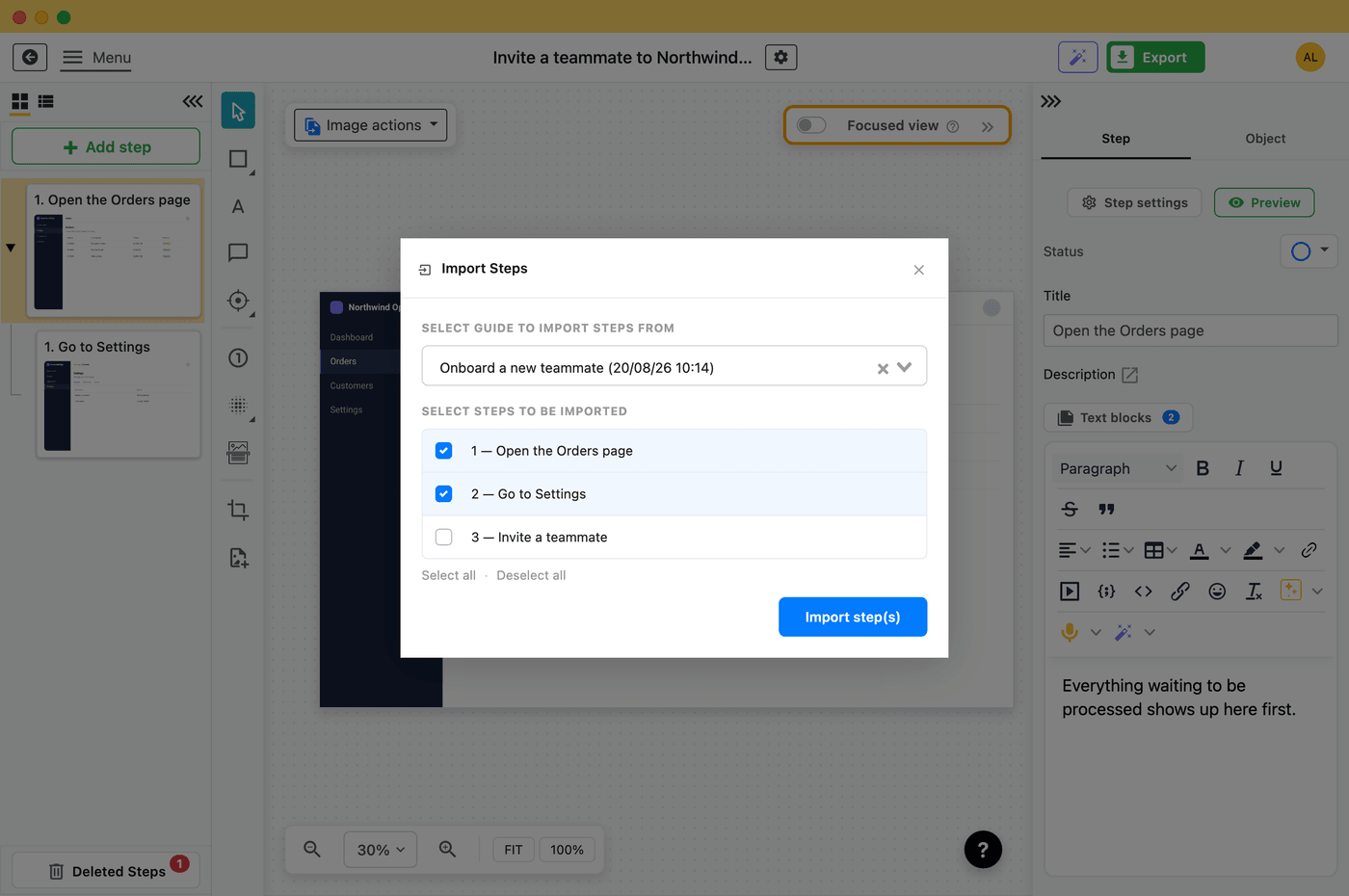 The Folge import dialog choosing steps from an existing guide