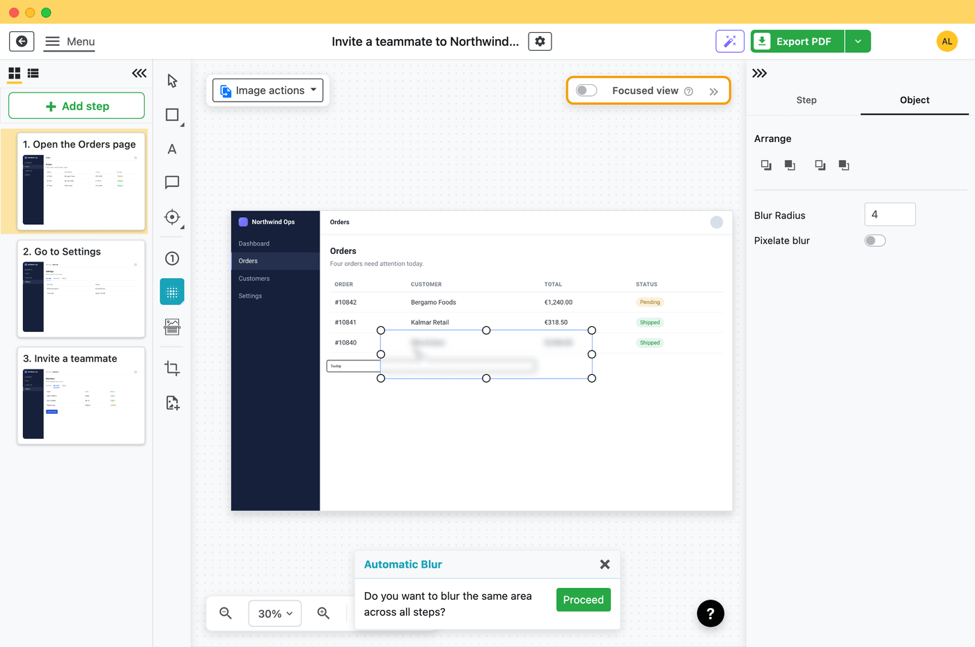 Folge editor with a blurred area on a screenshot