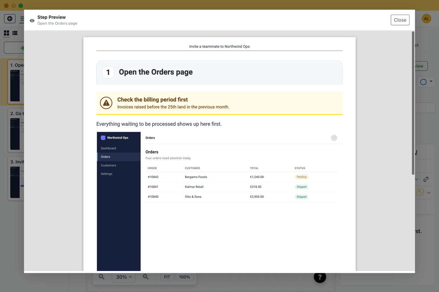 Folge guide preview with purpose and scope text blocks between steps